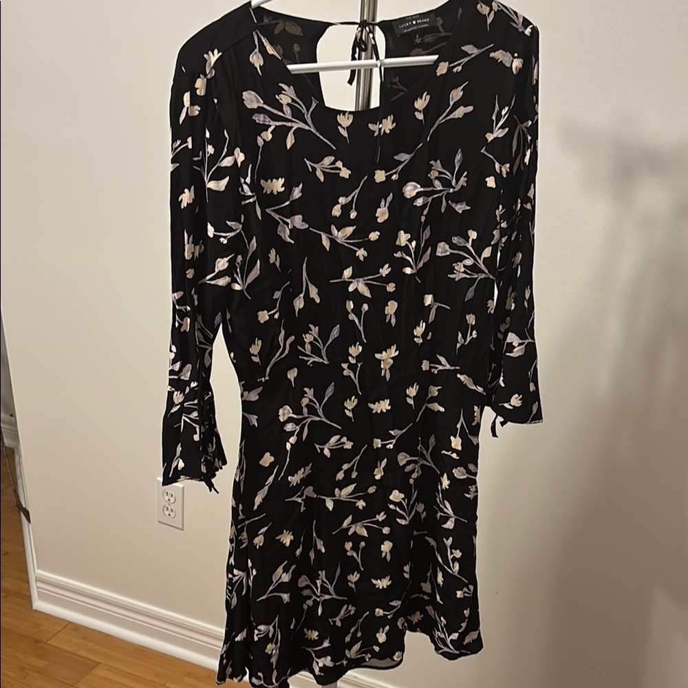 Lucky Brand Black Floral Tie-Back Midi Dress